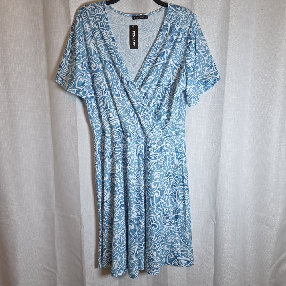 Fensace Fit & Flare Wrap-Style Mini Dress Women's Size XL Blue NWT